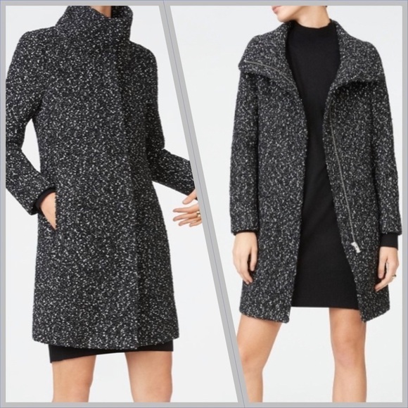 Club Monaco. Tweed Funnel Neck Wool blend coat. Black and white. - Picture 1 of 15